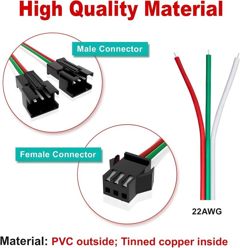 VISDOLL 8Pcs JST SM 3Pin 1 to 2 Connectors 22AWG Wire Female/Male LED Connector 15cm for WS2812B WS2811 WS2812 WS2814 SK6812 CCT LED Strip Light (3pin SM Splitter 1 to 2) - Image 4